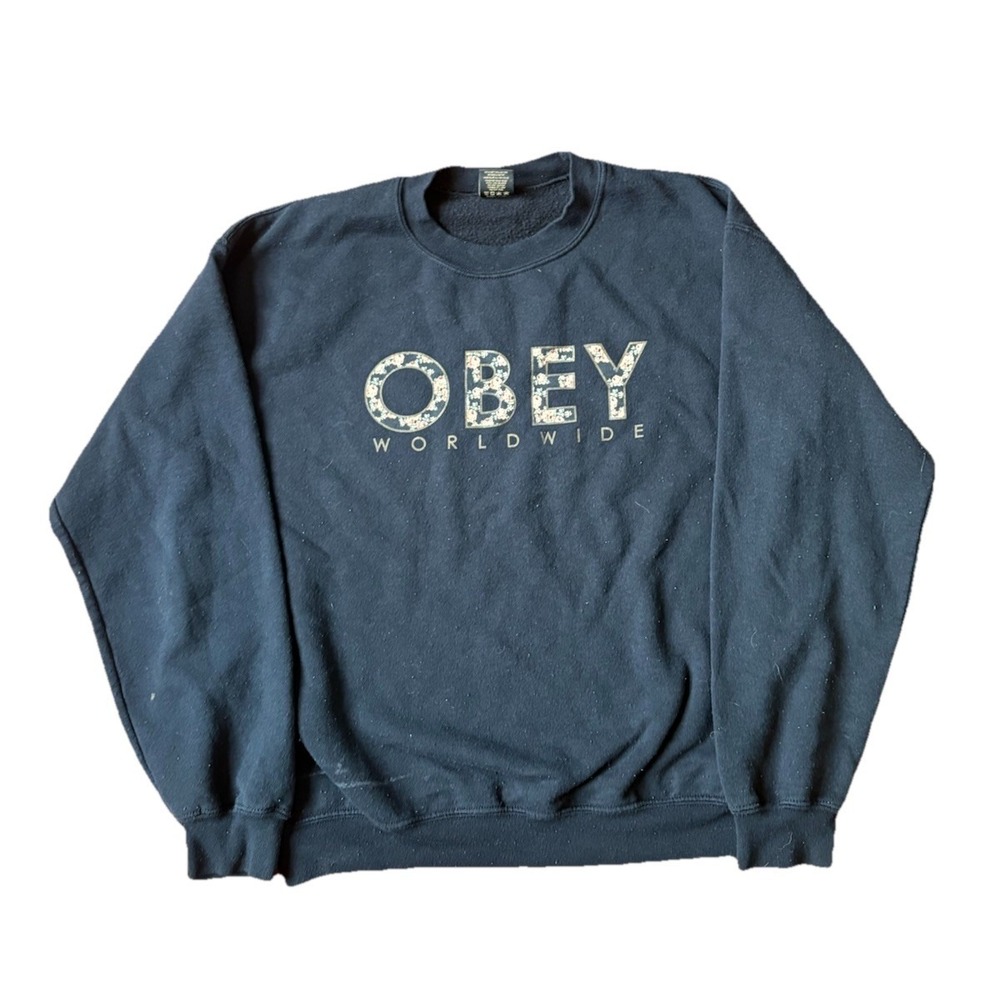 Obey Sweatshirt Black Size Medium Crew Neck Floral Letters Vintage‎ Y2K Skater